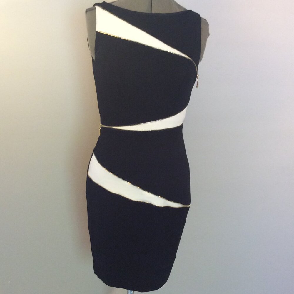 Black & White Mini Dress with Diagonal Zipper Detail